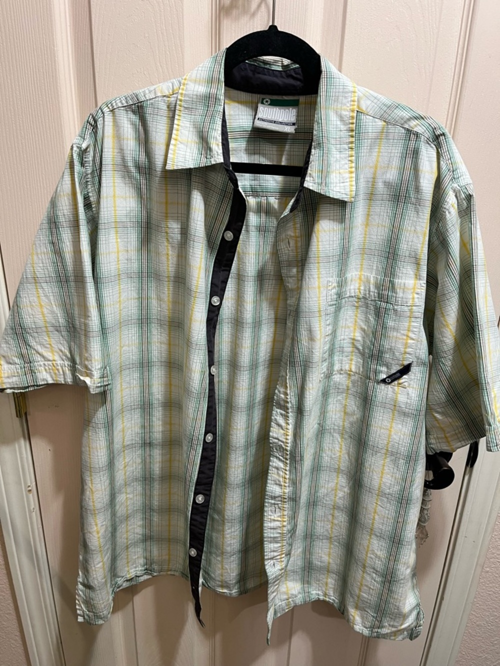 South Pole Men's Light Green and Yellow Plaid Short Sleeve Button-Down Shirt